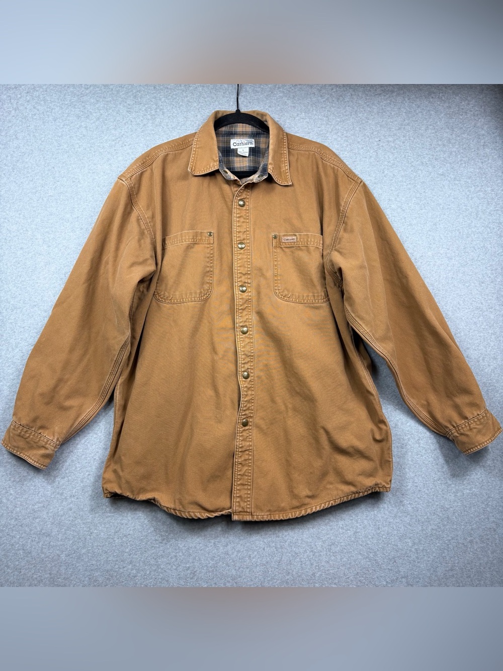 Vintage Carhartt S96BRN Brown Flannel Lined Canvas Shirt Jacket Men’s Large